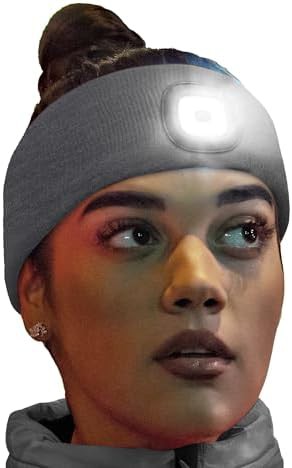 Gray knit flashlight headband for running