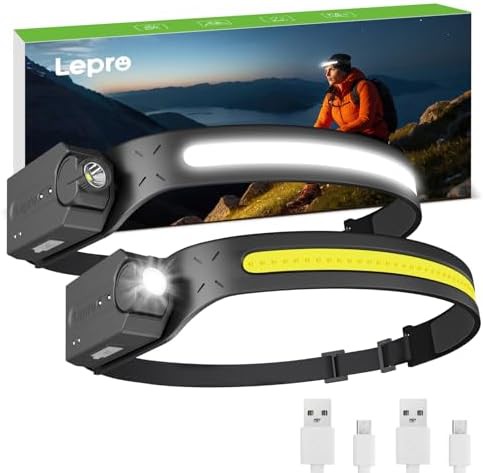 Two pack waterproof wide beam rechargeable headlamps