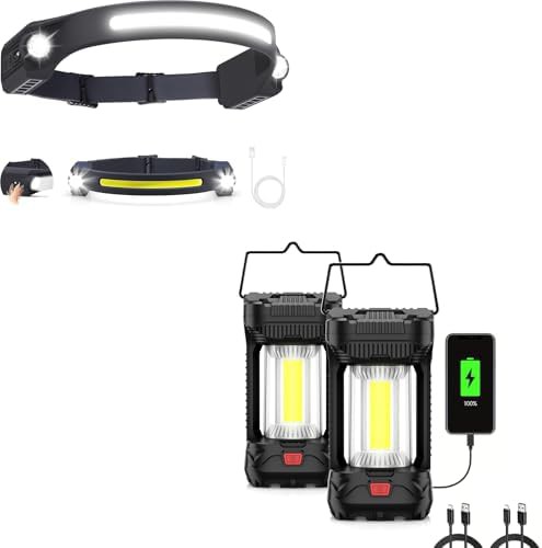 Rechargeable headlamp camping lantern bundle