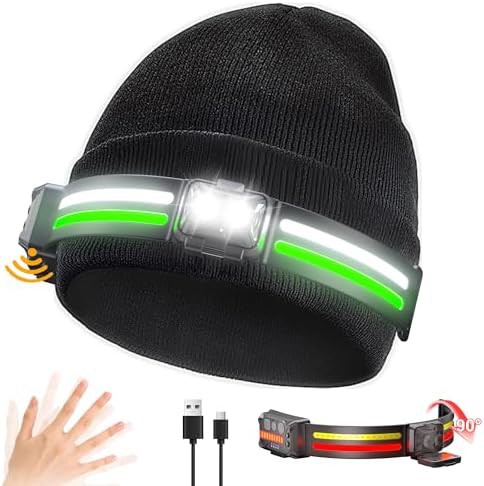 Bright beanie hat with red and green light